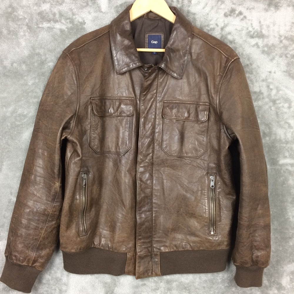 Vintage GAP Leather Jacket Mens Large Brown Full Zip Bomber Flight Y2K